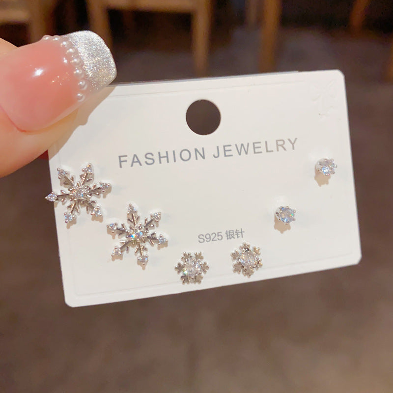 S925鋯石雪花耳釘三件組