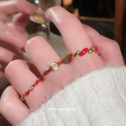 真金電鍍滴油紅色戒指小眾高級感食指戒本命年復古氣質百搭手飾女