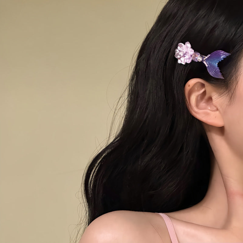 【海的女兒】鑲鉆花朵魚尾發夾甜美夢幻側邊夾鴨嘴夾輕奢小眾發飾