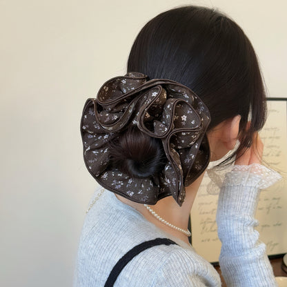 布面碎花復古髮圈－咖色四層碎花款實拍｜https://igowo.tw/