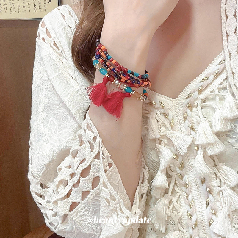 波西米亞風多層人造水晶款手鏈復古設計感疊戴手串輕奢小眾手飾女