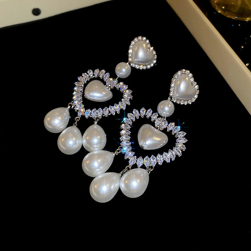 銀針人造珍珠款滿鉆愛心水滴耳環精致唯美耳墜公主風氣質甜美耳飾