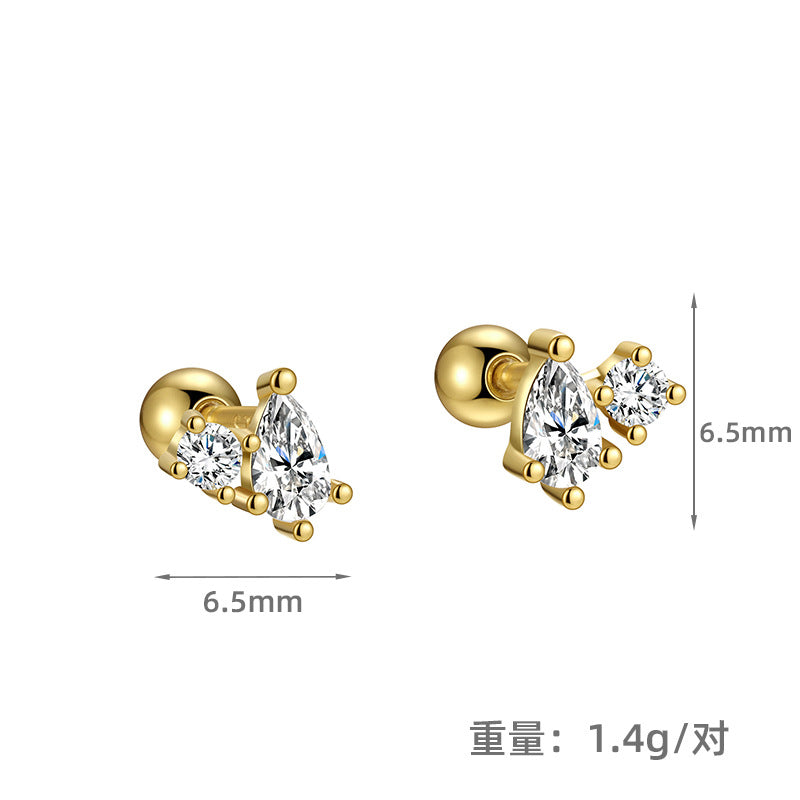 S925 不規則幾何滴水方形鋯石螺絲擰扣耳釘女外貿百搭耳飾