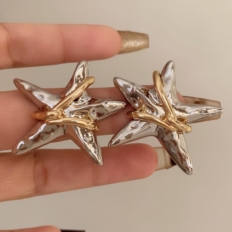 歐美復古褶皺纏繞金屬星星耳釘小眾高級感耳環日常通勤百搭耳飾女
