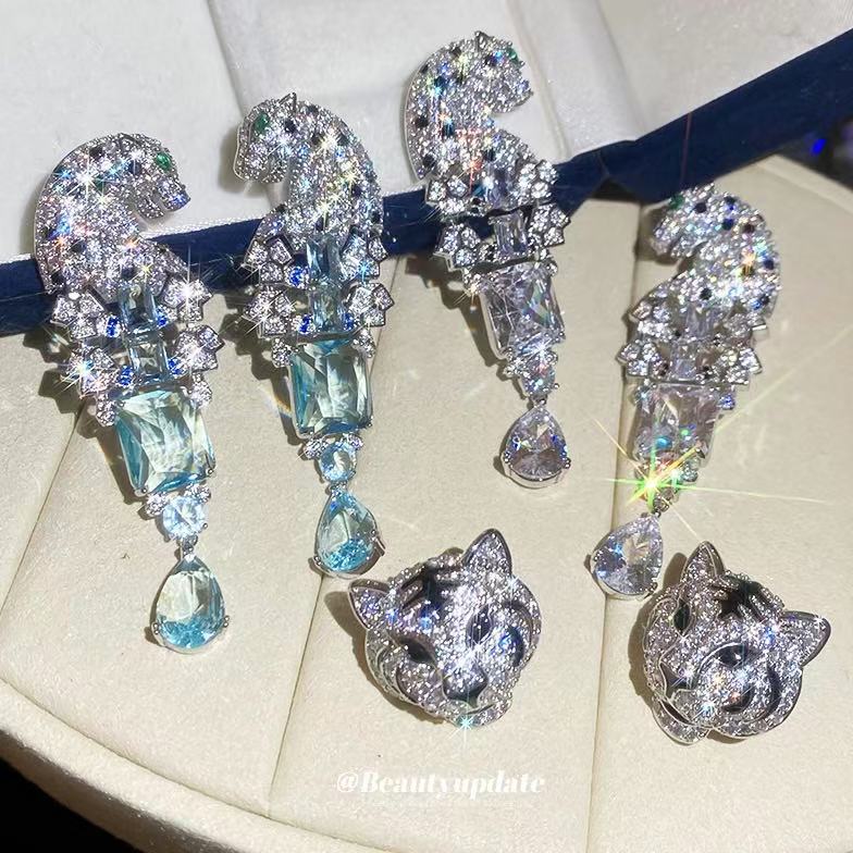 中古vintage銀針鑲鉆豹子耳釘奢華重工復古耳環輕奢高級感耳飾女