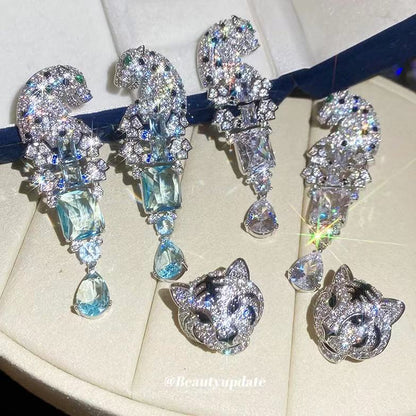 中古vintage銀針鑲鉆豹子耳釘奢華重工復古耳環輕奢高級感耳飾女
