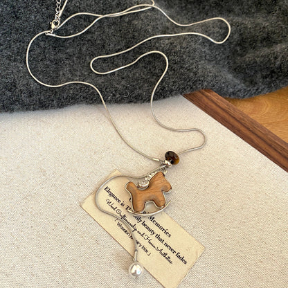 木頭小馬星星吊墜耳釘簡約設計高級感毛衣鏈戒指時尚潮流首飾套裝