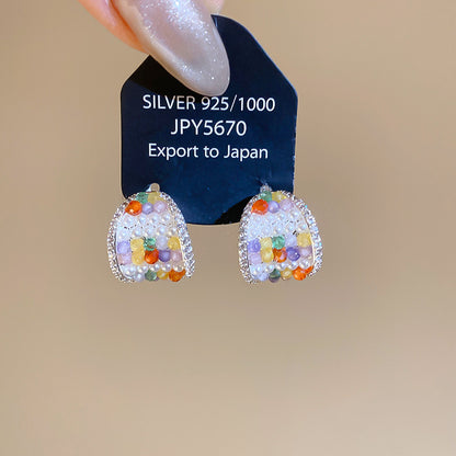 銀針鋯石珍珠寬面C形耳釘設計感小眾氣質耳環輕奢高級感耳飾批發