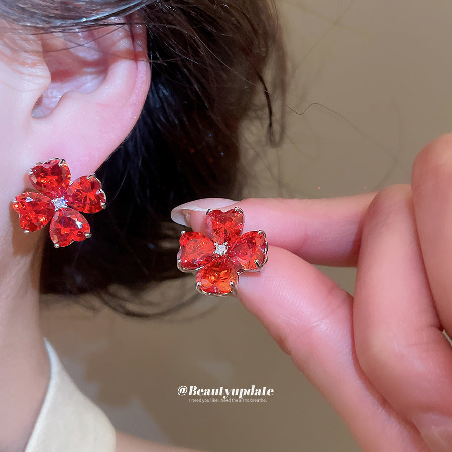 韓版超閃鋯石花朵耳環項鏈精致優雅氣質首飾套裝輕奢高級感飾品女