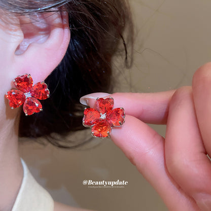 韓版超閃鋯石花朵耳環項鏈精致優雅氣質首飾套裝輕奢高級感飾品女