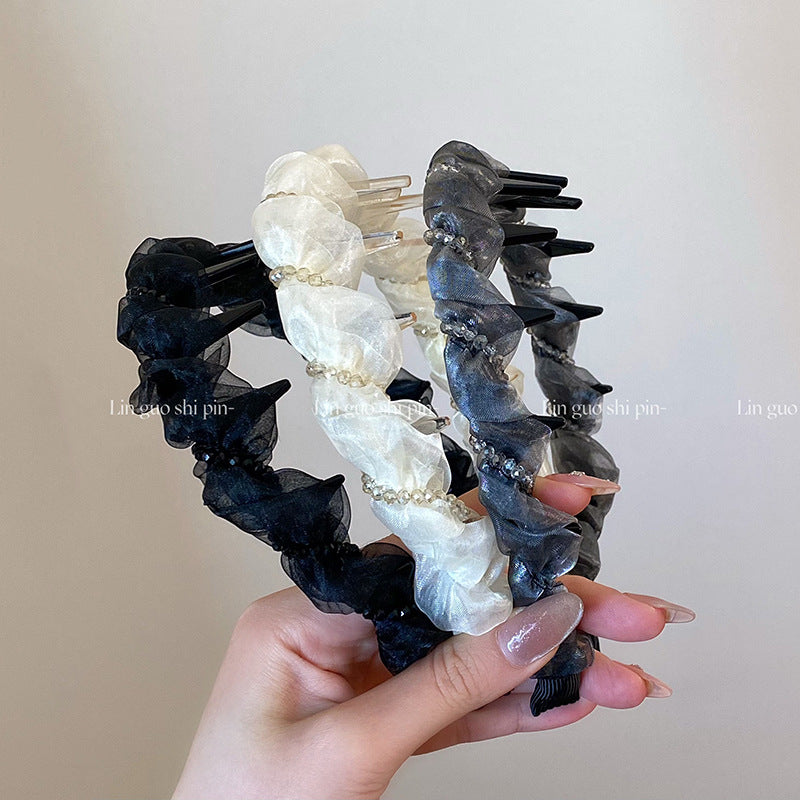 珍珠網紗纏繞髮箍－白色款實拍｜https://igowo.tw/