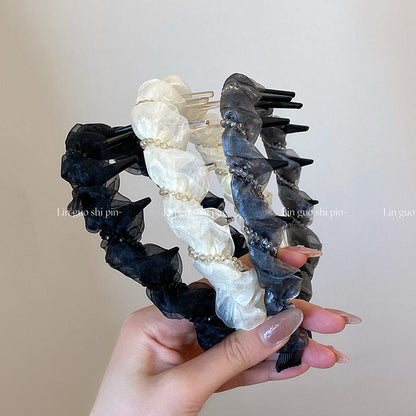 珍珠網紗纏繞髮箍－白色款實拍｜https://igowo.tw/