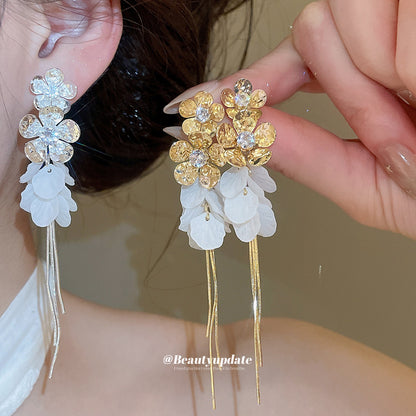 花花仙子~銀針鋯石花朵流蘇耳釘甜美度假風耳環設計感超仙耳飾女