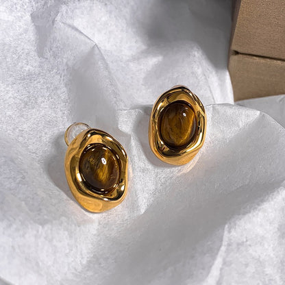銀針虎眼石幾何圓形吊墜耳環復古美拉德風耳釘個性小眾設計感耳飾