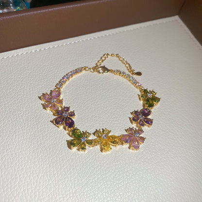 18K真金電鍍超閃鋯石花朵手鏈戒指套裝輕奢高級感精致時尚手飾女
