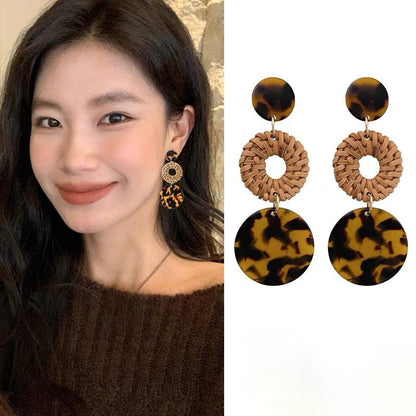 銀針樹脂藤編圓形吊墜耳環美拉德復古小眾耳墜耳釘輕奢高級感耳飾