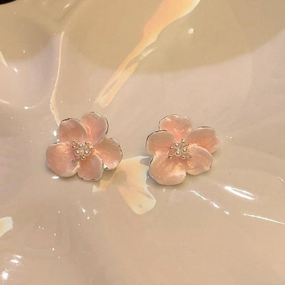 超仙粉色山茶花滴油珍珠耳環女輕奢高級感耳釘獨特漂亮甜美耳飾女