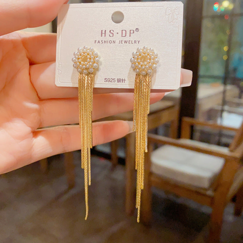 珍珠圓形流蘇長版耳墜－商品主圖｜https://igowo.tw/
