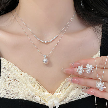 珍珠多層項鍊耳環組－第二視角實拍｜https://igowo.tw/
