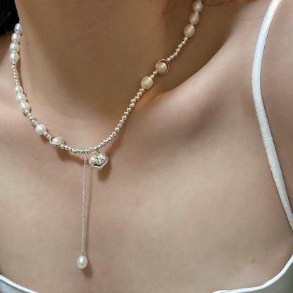 S925純銀愛心珍珠圓珠項鏈小清新甜美仙女氣質流蘇鎖骨鏈銀飾