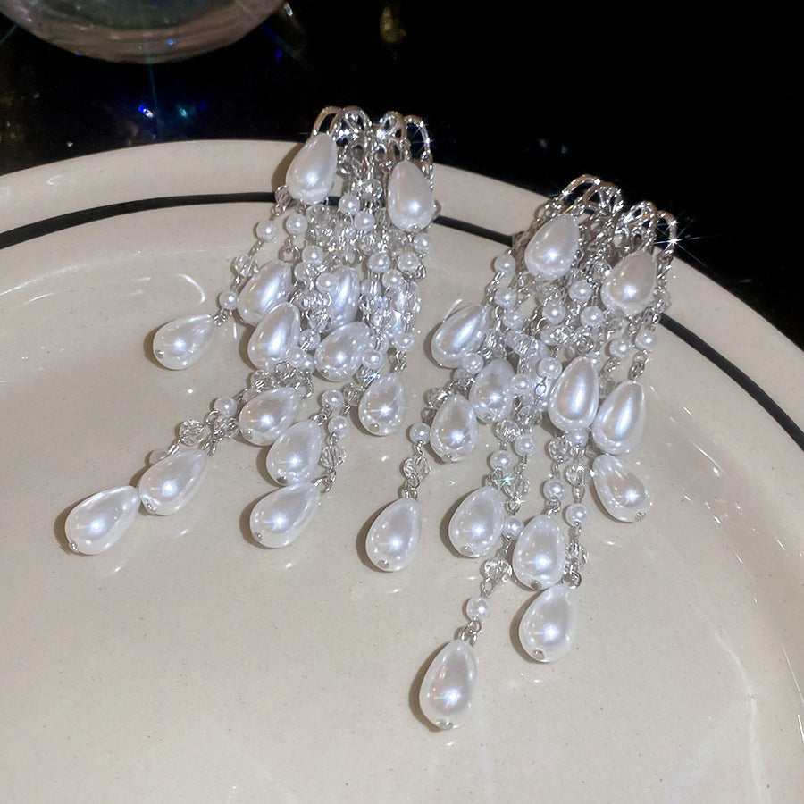 珍珠銀針水滴流蘇耳釘