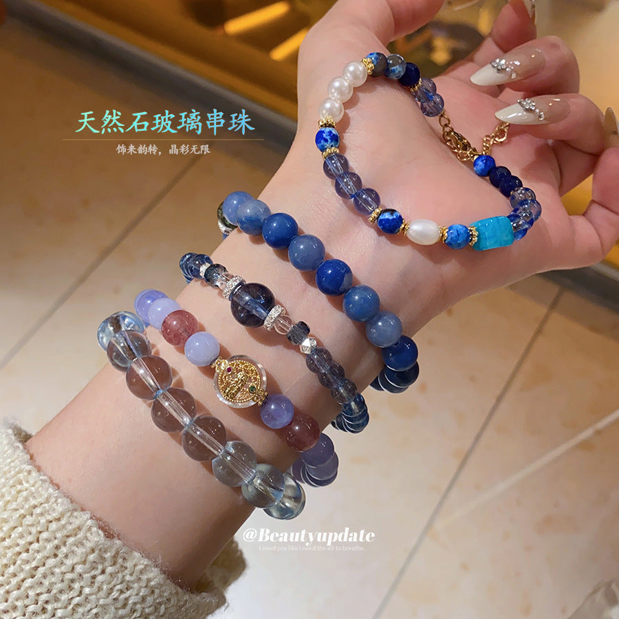鋯石水晶蘭色石串珠彈力手鏈新中式小清新手串小眾設計感手環批發
