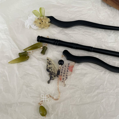 木質流蘇復古髮簪－水墨蝴蝶髮簪款實拍｜https://igowo.tw/