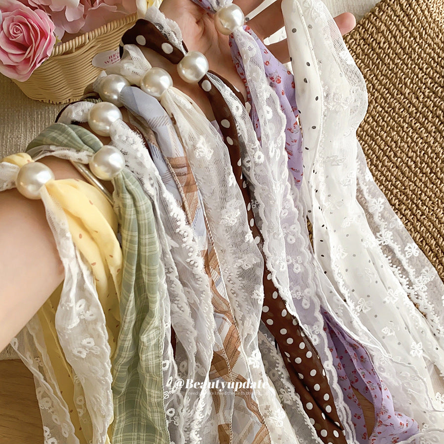白色串珠飾品－絲巾-黃色-白色-波點款實拍｜https://igowo.tw/