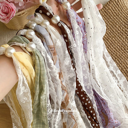 白色串珠飾品－絲巾-黃色-白色-波點款實拍｜https://igowo.tw/