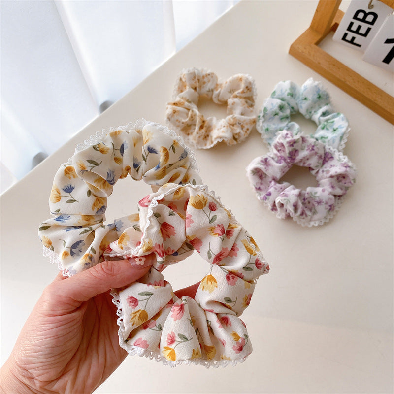 彈力繩碎花大腸圈髮圈－花邊黃色碎花款實拍｜https://igowo.tw/