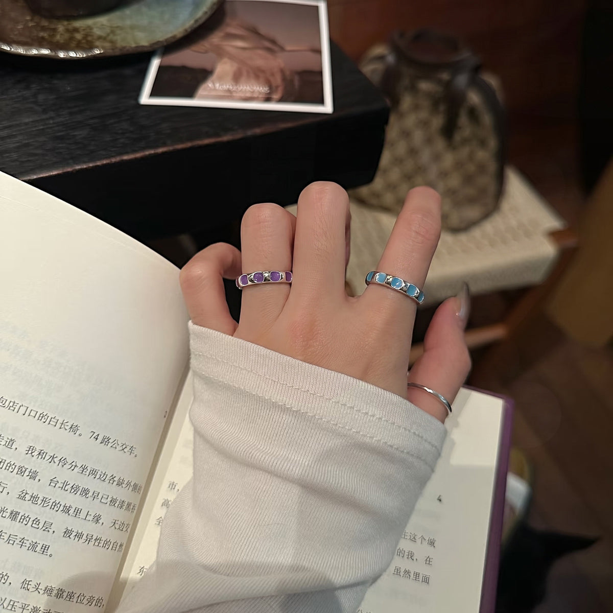 琺瑯波點可調式戒指－紫色款細節1｜https://igowo.tw/