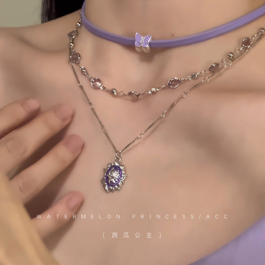 紫色皮革蝴蝶層次項鍊－商品主圖｜https://igowo.tw/