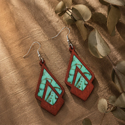 木質菱形復古耳環