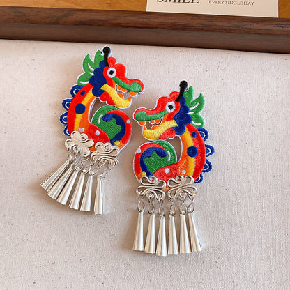 瑞龍獻瑞~刺繡布藝龍耳夾女無耳洞古典民族風耳環設計感獨特耳飾