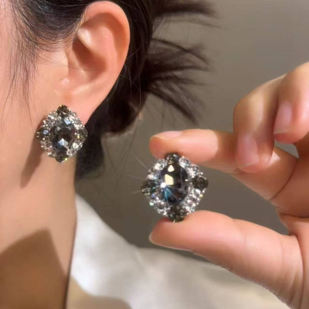 S925水晶鋯石菱形鑲鑽耳釘