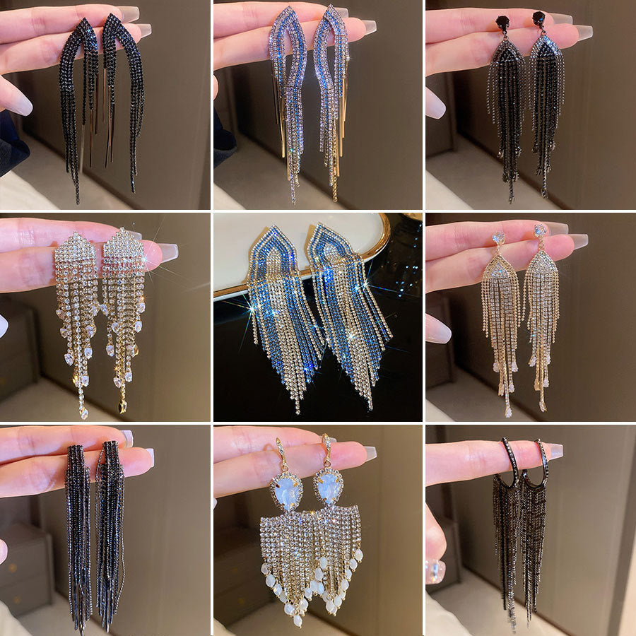 銀針歐美夸張滿鉆流蘇耳環小眾ins個性潮流耳釘耳墜氣質耳飾批發