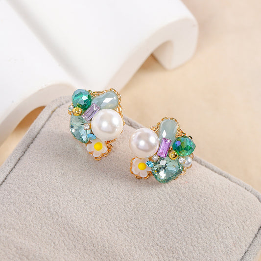 S925彩色水晶花朵鑲鑽耳釘－商品主圖｜https://igowo.tw/