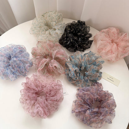 網紗碎花復古髮圈－綠色碎花款實拍｜https://igowo.tw/