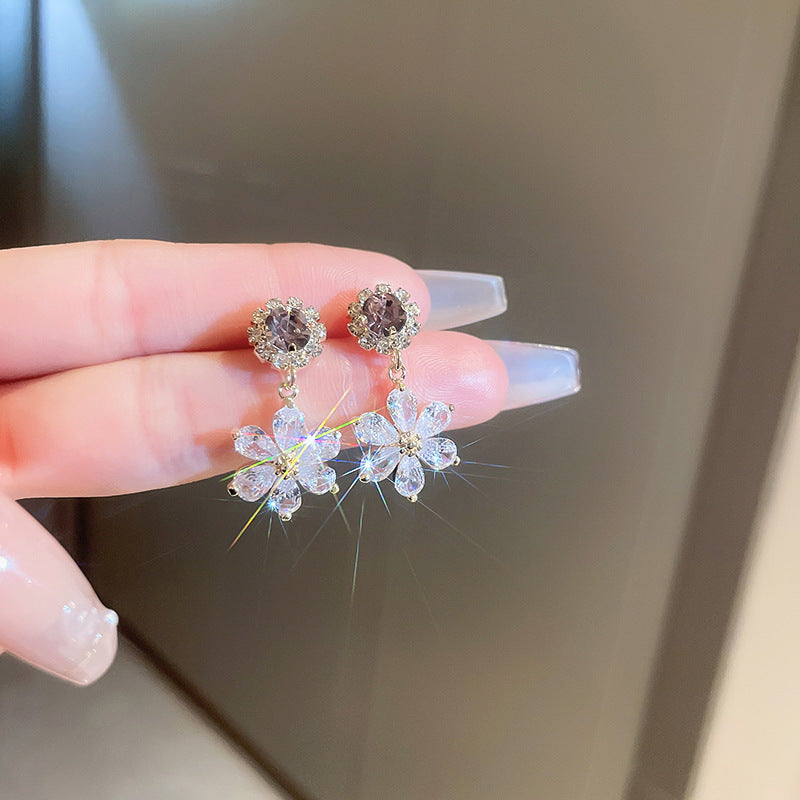 銀針鑲鉆鋯石花朵圓圈耳環韓國時尚氣質耳飾輕奢高級感耳釘批發女