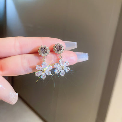 銀針鑲鉆鋯石花朵圓圈耳環韓國時尚氣質耳飾輕奢高級感耳釘批發女