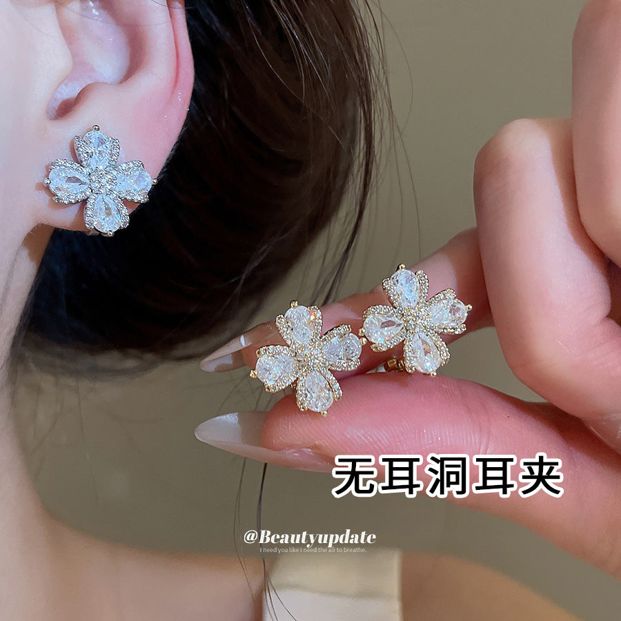 清冷女主~鋯石花朵耳夾女無耳洞韓系ins耳骨夾輕奢高級感精致耳飾