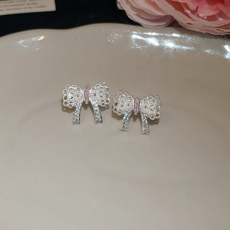 珍珠鋯石蝴蝶結耳釘