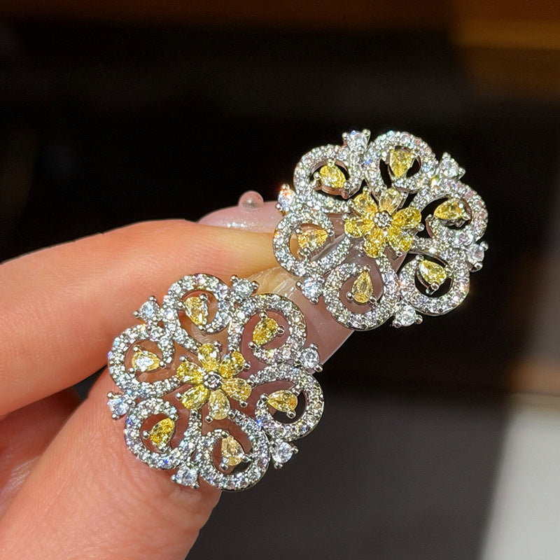 18K真金電鍍銀針鋯石水滴花朵耳釘輕奢高級感耳環精致復古耳飾女