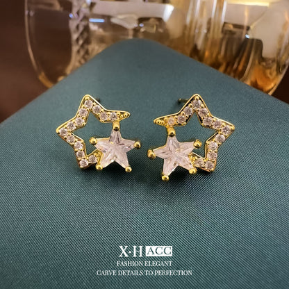 鋯石銀針星星鏤空耳釘