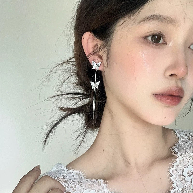 輕奢閃鋯蝴蝶流蘇耳環時尚氣質小眾耳釘女高級感蚊香盤耳夾無耳洞 雙蝴蝶流蘇長款耳夾（送硅膠墊）