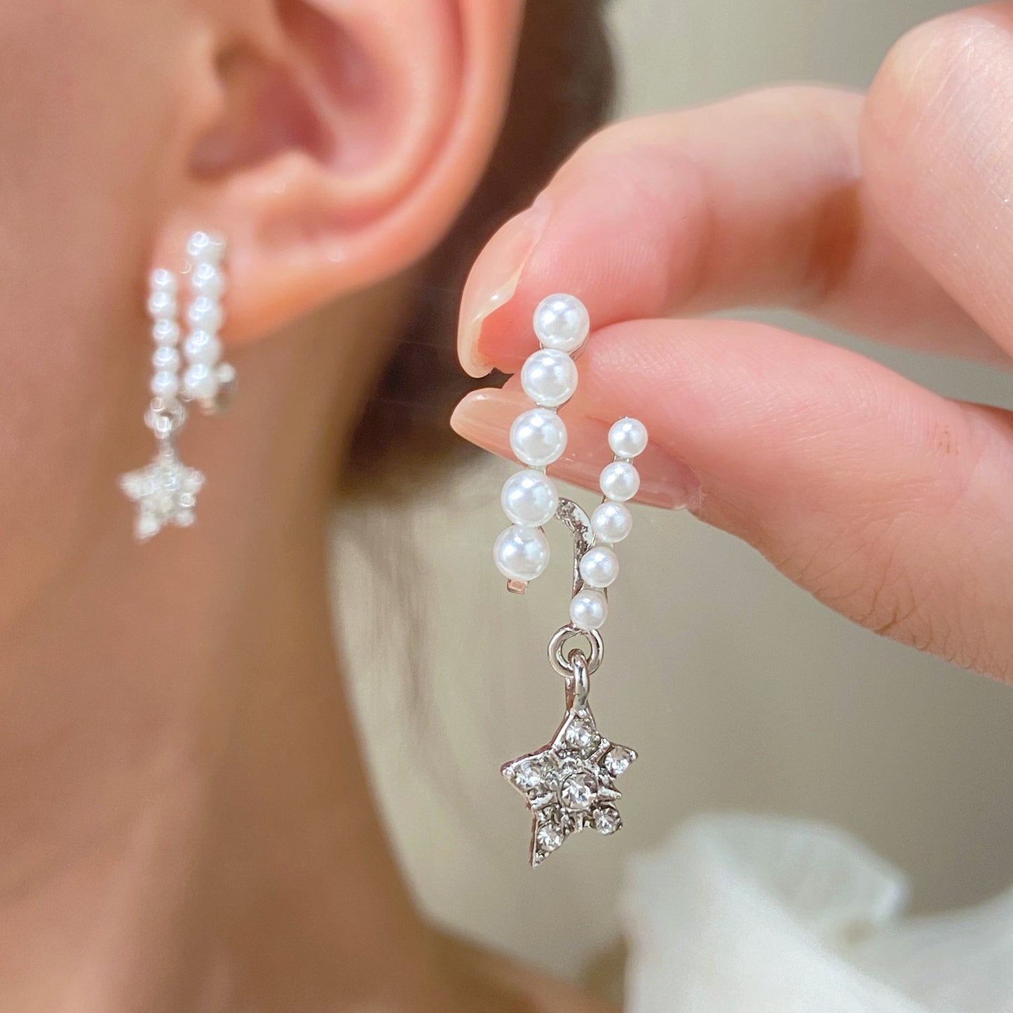 珍珠鋯石星星耳釘－第二視角實拍｜https://igowo.tw/