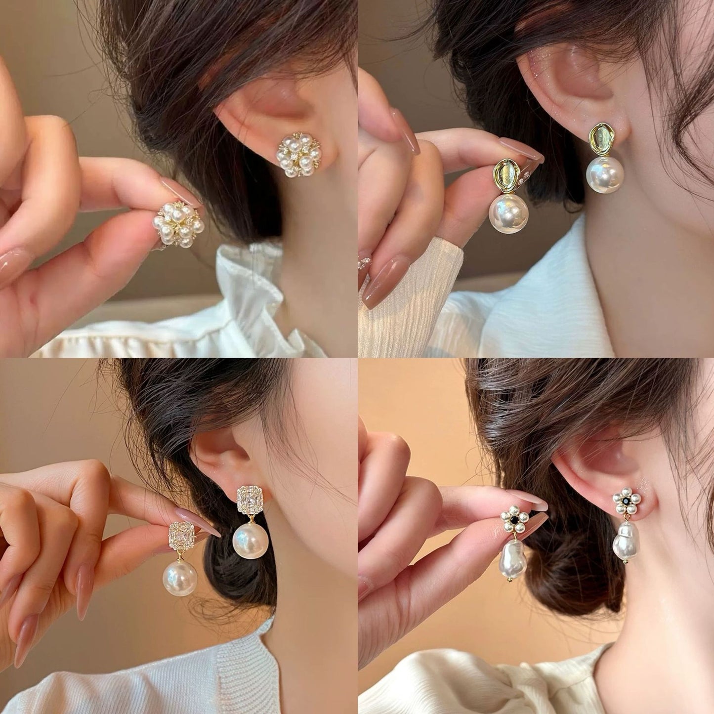 金色珍珠花朵電鍍耳釘－2#珍珠花朵款實拍｜https://igowo.tw/