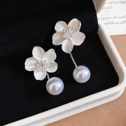 銀針花朵鑲鉆珍珠吊墜耳釘甜美優雅溫柔氣質耳環輕奢高級感耳飾女