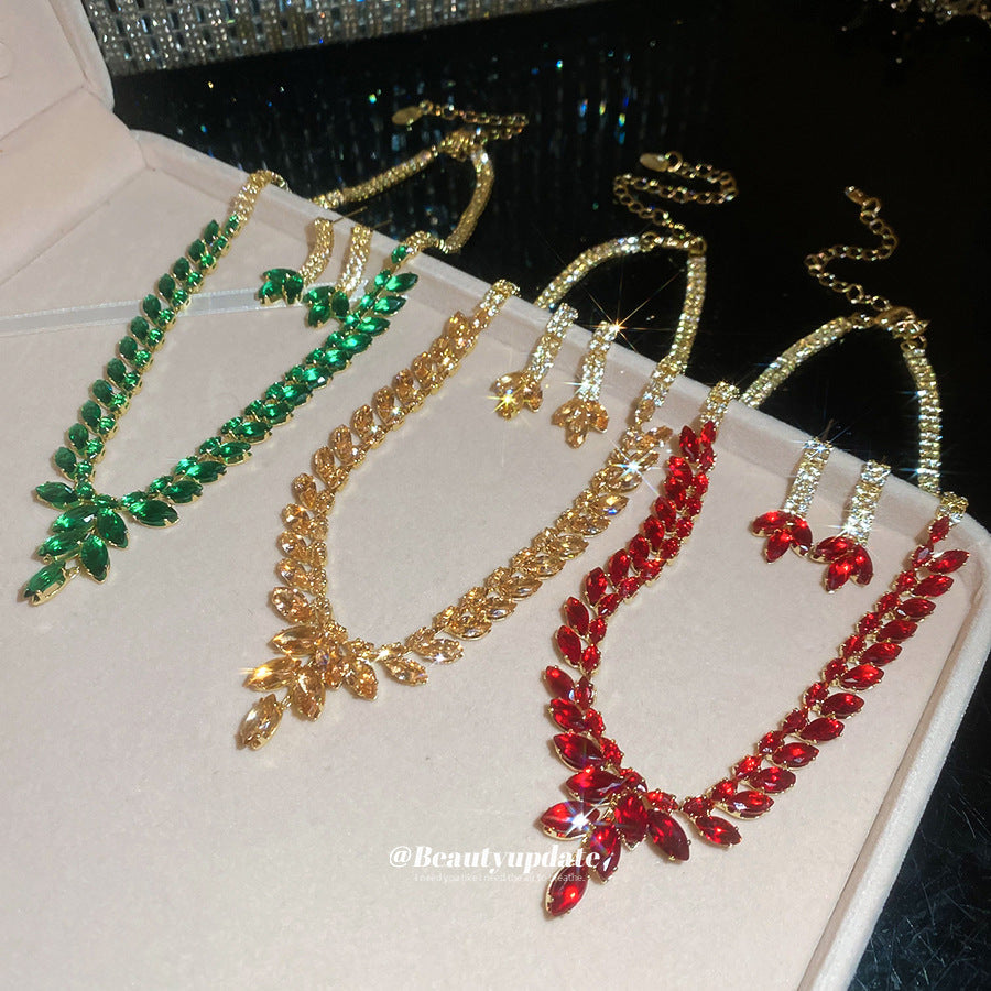 鋯石麥穗項鍊耳環組－套裝-金色-綠色款細節｜https://igowo.tw/