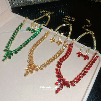 鋯石麥穗項鍊耳環組－套裝-金色-綠色款細節｜https://igowo.tw/
